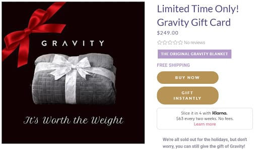 Gravity blanket gift card