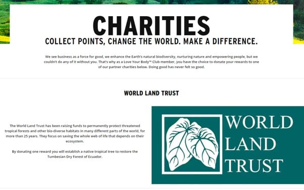 The Body Shop charity loyalty program option