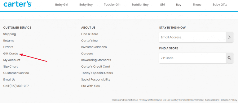 Carter's Gift Cards in Footer